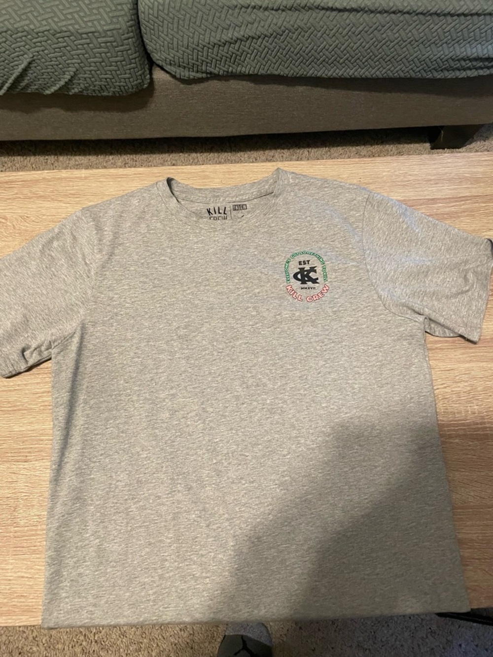 Kill Crew Heather Gray Short Sleeve Tee with Neon Green & Coral Graphic - Picture 2 of 2